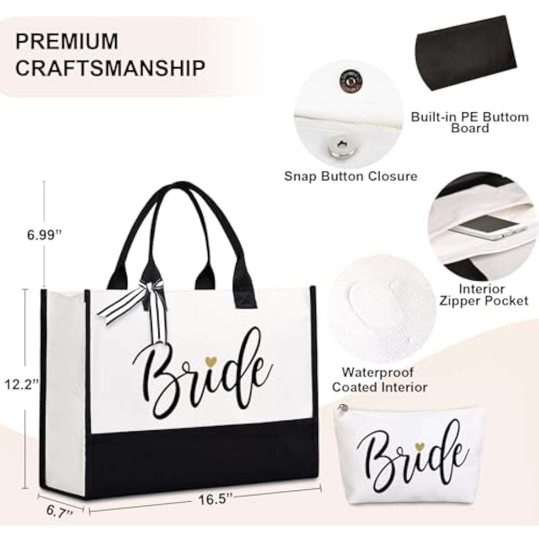 Lamyba Bride Bag with Makeup Bag and Reinforced Bottom, Bridal Shower Gifts - Black and White