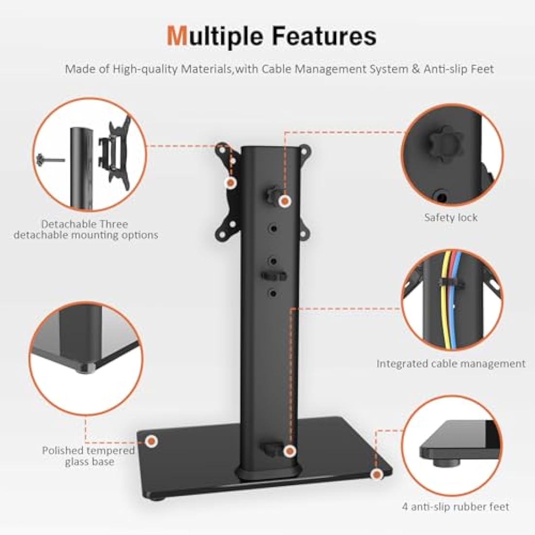 Universal Swivel TV Stand/Base Table Top TV Stand for 13 to 32 inch TVs with 100 Degree Swivel, 4 Level Height Adjustable, Heavy Duty Tempered Glass Base, Holds up to 35kg HT07B-001P