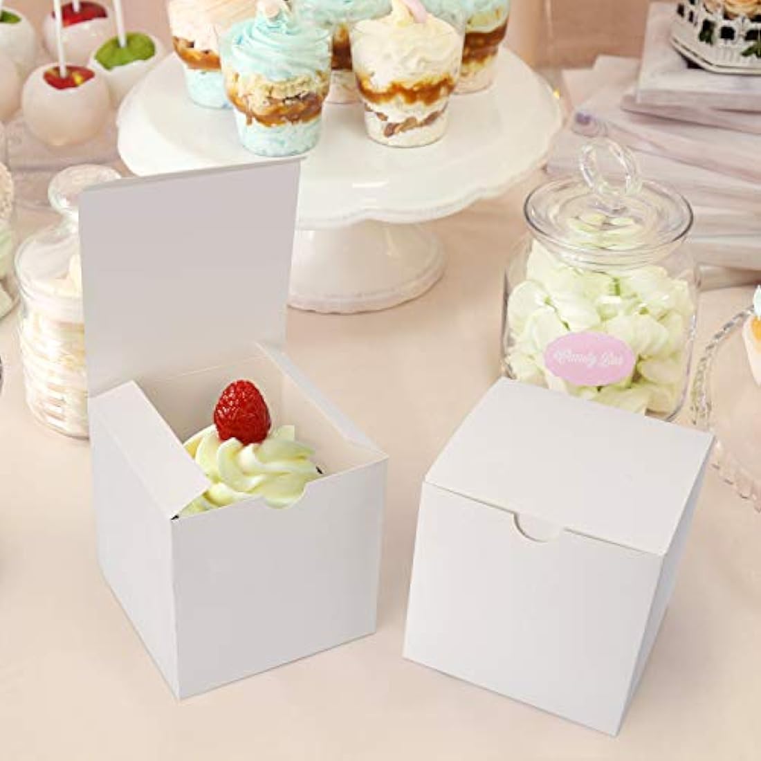 Switory Gift Boxes 50Pc 10x10x10cm, Kraft Paper Present Boxes with Lids for Crafting, Cupcake, Cardboard Bridesmaid Proposal Boxes,White Wedding Favor, Gift Ornaments, Easy Assemble Boxes