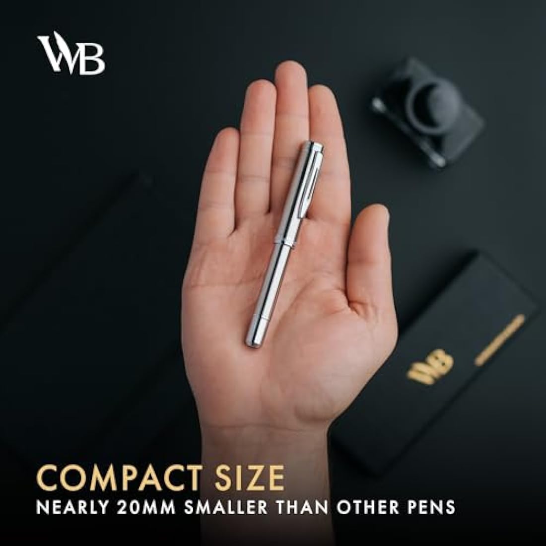 Wordsworth and Black Fountain Pen Mini EDC: Luxury Silver Heavy Pocket Pen, Chrome Finish, Medium Nib, 6 Ink Cartridges, Ink Converter, Travel Refillable Writing Pen Gift Set, Men & Women