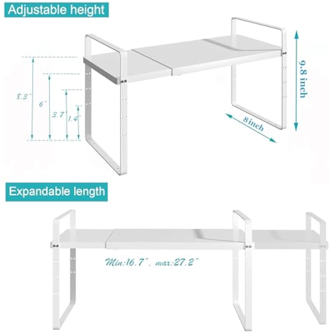 iPEGTOP 2 Pack Expandable Cabinet Storage Shelf Organizer Rack, Heavy Duty Steel Metal Spice Rack Adjustable Height Home Office Pantry Shelf Space for Counter Kitchen Organization, White, Medium