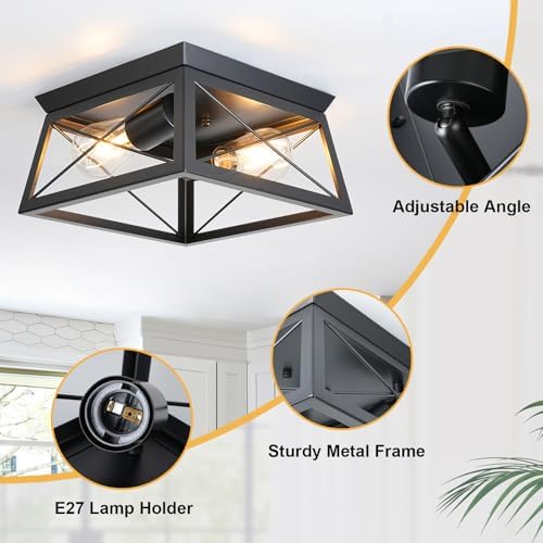 FORCOSO Black Ceiling Lights 2 Lights - Modern Industrial Ceiling Lamp E27 Flush Mount LED Metal Cage Vintage Ceiling Light Fixture for Living Room Bedroom Kitchen Hallway - NO Bulb