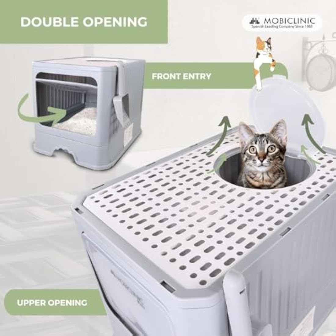 Mobiclinic® Pets, Covered Cat Litter Box, Removable Drawer, Includes Scoop, CatBox, Dual Front and Top Entry with Lid, Top Grid, Elegant Aesthetic, Detachable Structure