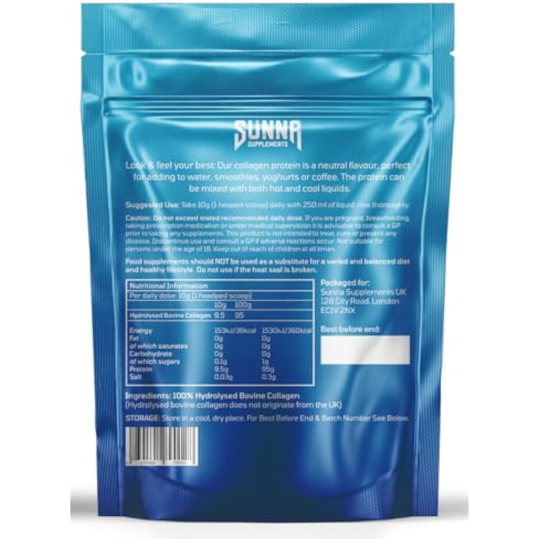 SUNNA SUPPLEMENTS - Halal Bovine Collagen Protein Powder for Hair Skin Nails and Joints - Type (I, III) Hydrolysed Premium Bovine Collagen Peptides for Women and Men | Gluten Free | Unflavoured
