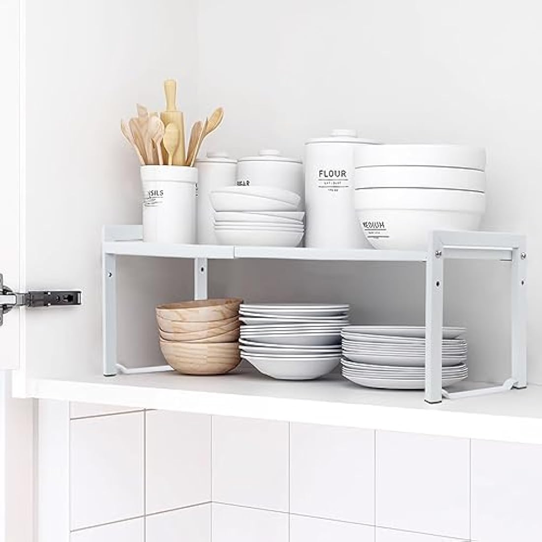 Goodsnetic Expandable Cabinet Shelf 13.8~26"(L), Stackable Kitchen Counter Organizer, 33LBS Heavy Duty Riser, Countertop Storage Pantry ， Durable Metal Sink Shelf (White L)