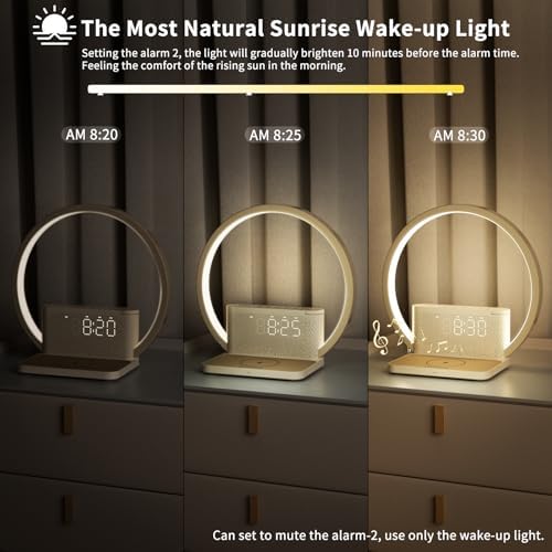 blonbar Bedside Lamp, Wake-Up Light, 10 Watt Wireless Charger, Touch Dimmable Table Lamp, Sunrise Alarm Clock, 3 Levels of Brightness, Soothing Sound, Bedroom Sleep Aid for Babies & Adults