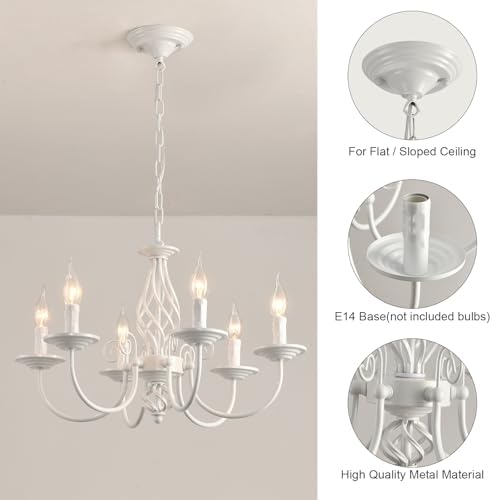 JIINOO French Country Chandeliers, 6 Light Vintage White Chandeliers Ceiling Light, Rustic Pendant Chandelier, Height Adjustable Farmhouse Pendant Light Fixture for Kitchen Dining Room Living Room