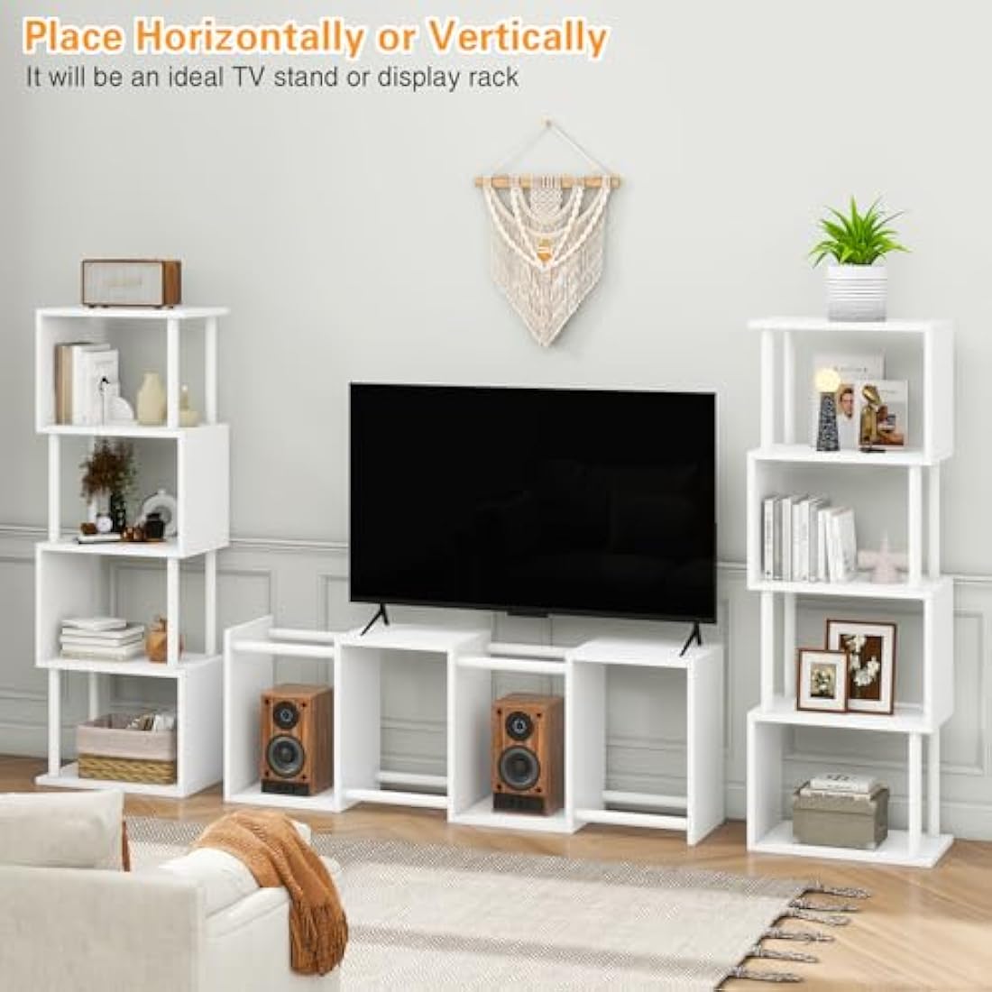 IBUYKE 5/6-Tier Tall Bookshelf,S-Shaped Geometric Bookcase, Wood Display Shelves With Storage,Modern Bookshelf for Living Room Bedroom, Home Office, White WBC015W
