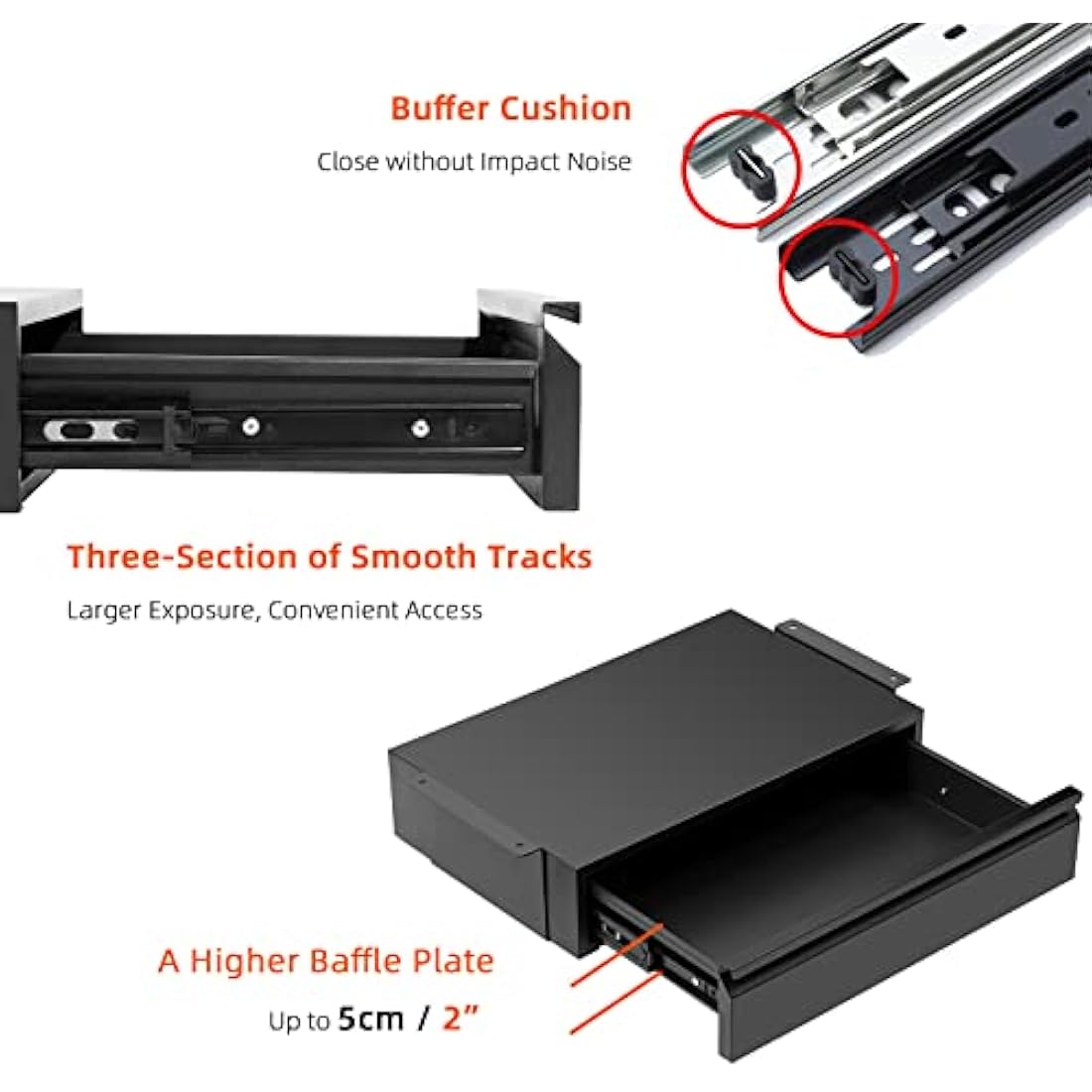 OSteed Large Under Desk Drawer 45cm Metal Black, Pull-out Shelf Organiser, Under Shelf Drawer with Large Slide Extension, Desk Extender Mount Under Flat Wooden Table or Workbench, Normal_Version