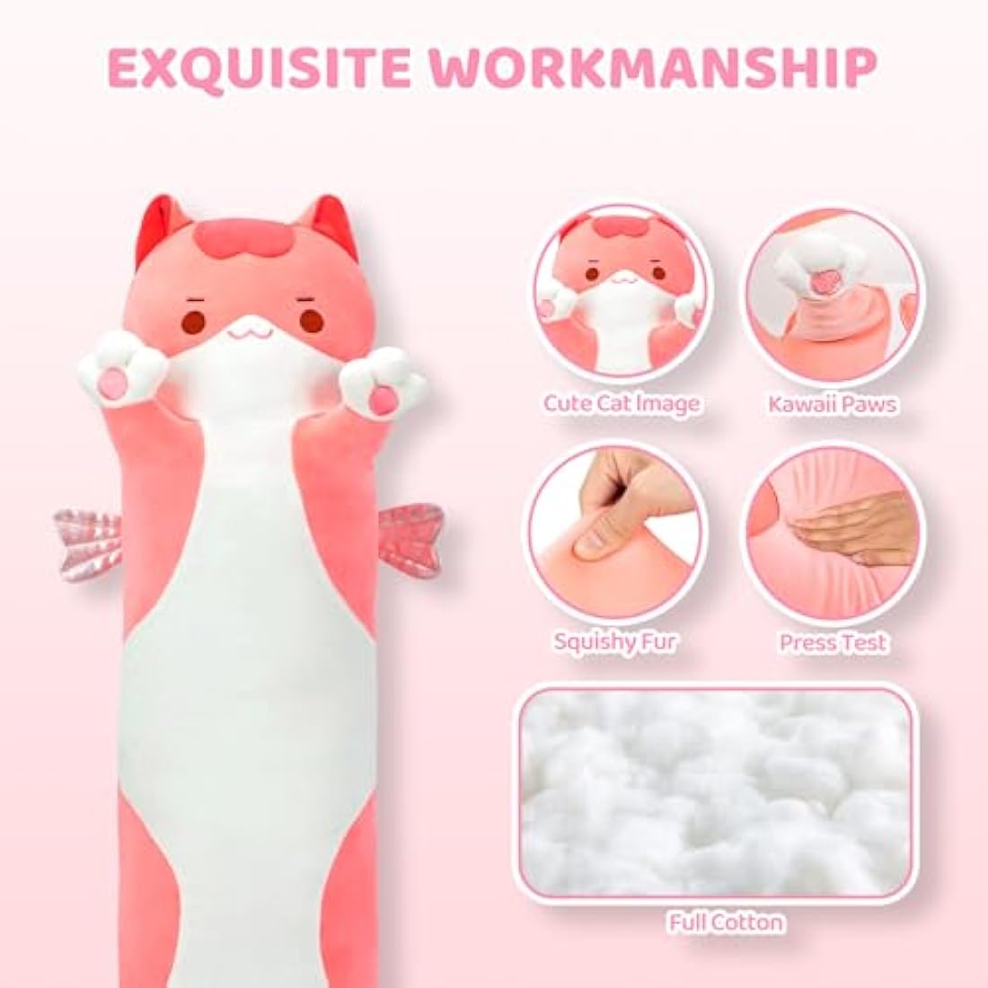 Mewaii 44in Long Cat Plush Pillows Stuffed Animals Squishy Pillows - Plushie Cute Kitty Sleeping Hugging Plush Pillow Soft Toys for Kids(Pink)