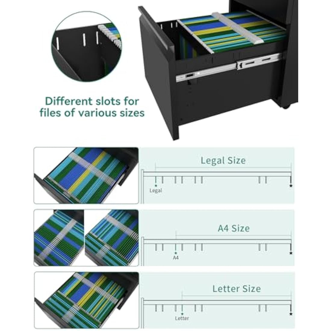 YITAHOME 3-Drawers Lockable File Cabinet for Letter/legal/A4 Size, Home Office Mobile Filing Cabinet with Wheel, Anti-tipping Under Desk File Storage Cabinets, Fully Assembled, Black, 46 x 39 x 62cm
