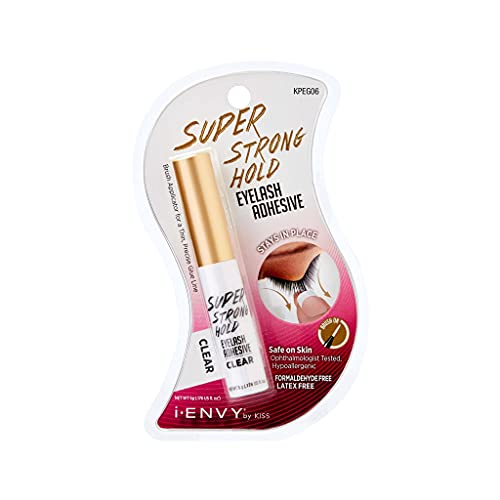 i•ENVY Super Strong Hold Eyelash Adhesive, Waterproof, 48-Hour Long-Lasting Lash Glue, Latex-Free, Hypoallergenic, Quick-Drying with Brush-On Applicator for Strip Lashes (Clear, 1 Pack)