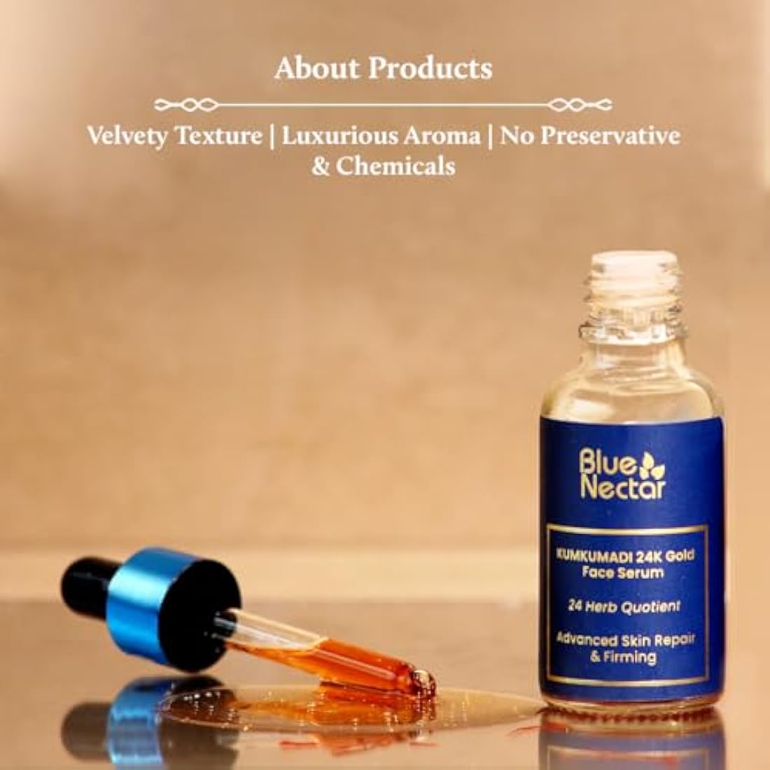 Blue Nectar 24k Gold Serum for Glowing Skin | Natural Kumkumadi Oil Serum for Face Infused with 24K Gold | Ayurvedic Face Serum for Skin Brightening and Skin Firming (24 Herbs, 30ml)