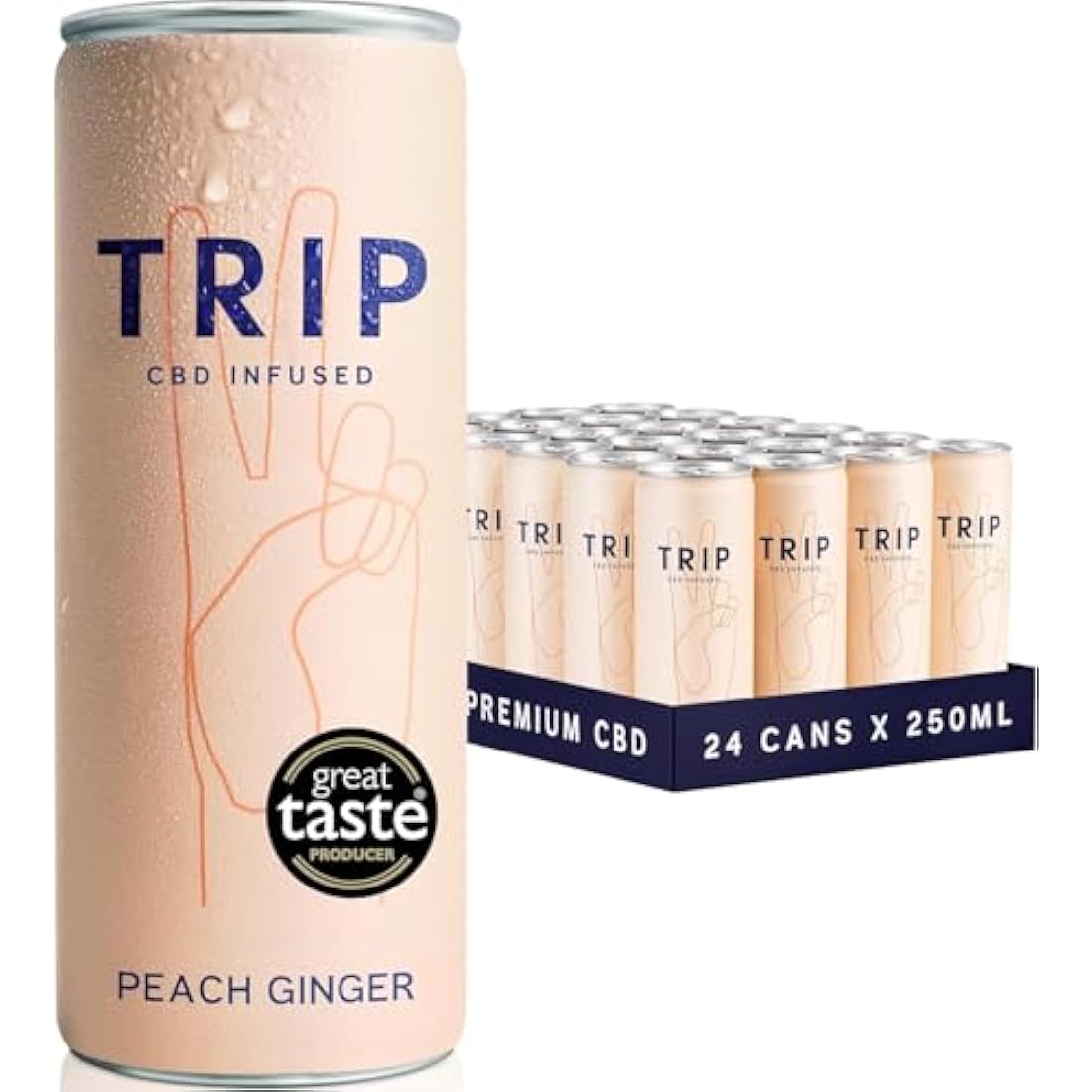 TRIP CBD Drink, Sparkling Peach Ginger Fizzy Drink, Low Calorie, Vegan (Pack of 24 x 250ml)