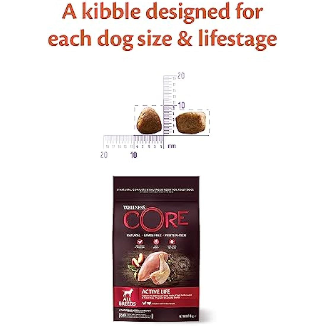 Wellness CORE Adult Active Life, 10kg, Chicken & Turkey, Dry Dog Food for All Dog Breeds, Grain-Free, High Meat Content, Protein-Rich, Supports Active Dogs & Lactating Bitches