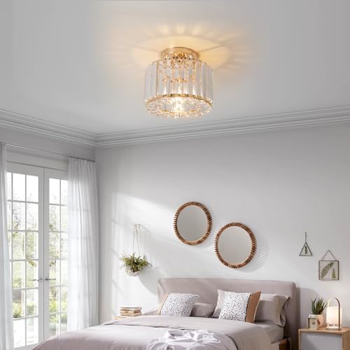 ZYDTRIP Crystal Ceiling Light Fixture Semi Flush Mount Ceiling Lamp Modern Gold Crystal Chandelier for Living Room Hallway Dining Room Kitchen