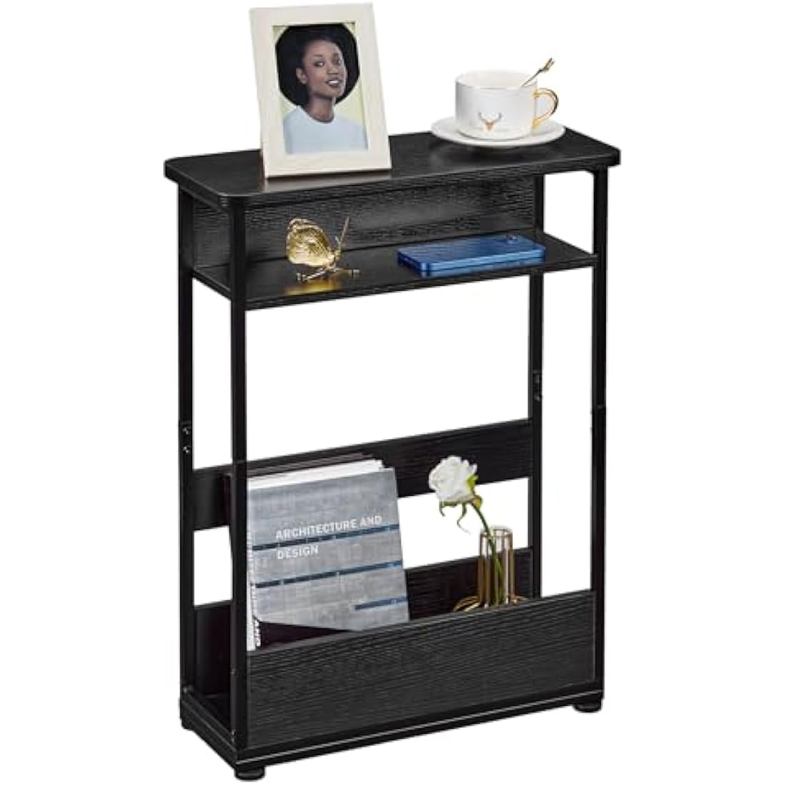 YEAKOO Narrow Side Table for Narrow and Small Spaces, Skinny Bedside Table Small Nightstand with Magazine Rack Space Saving (Black, M)