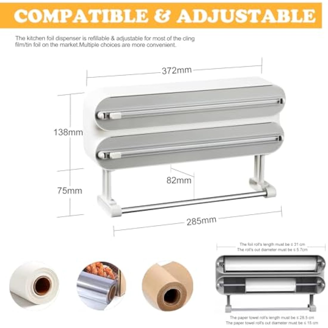 Magnetic Cling Film Dispenser and Cutter - Advanced 3-in-1 Wall-Mounted Kitchen Roll Holder, Quasziwa Refillable Cling Wrap & Aluminium Foil Dispenser with Paper Towel Holder - Fits 12" Roll, White