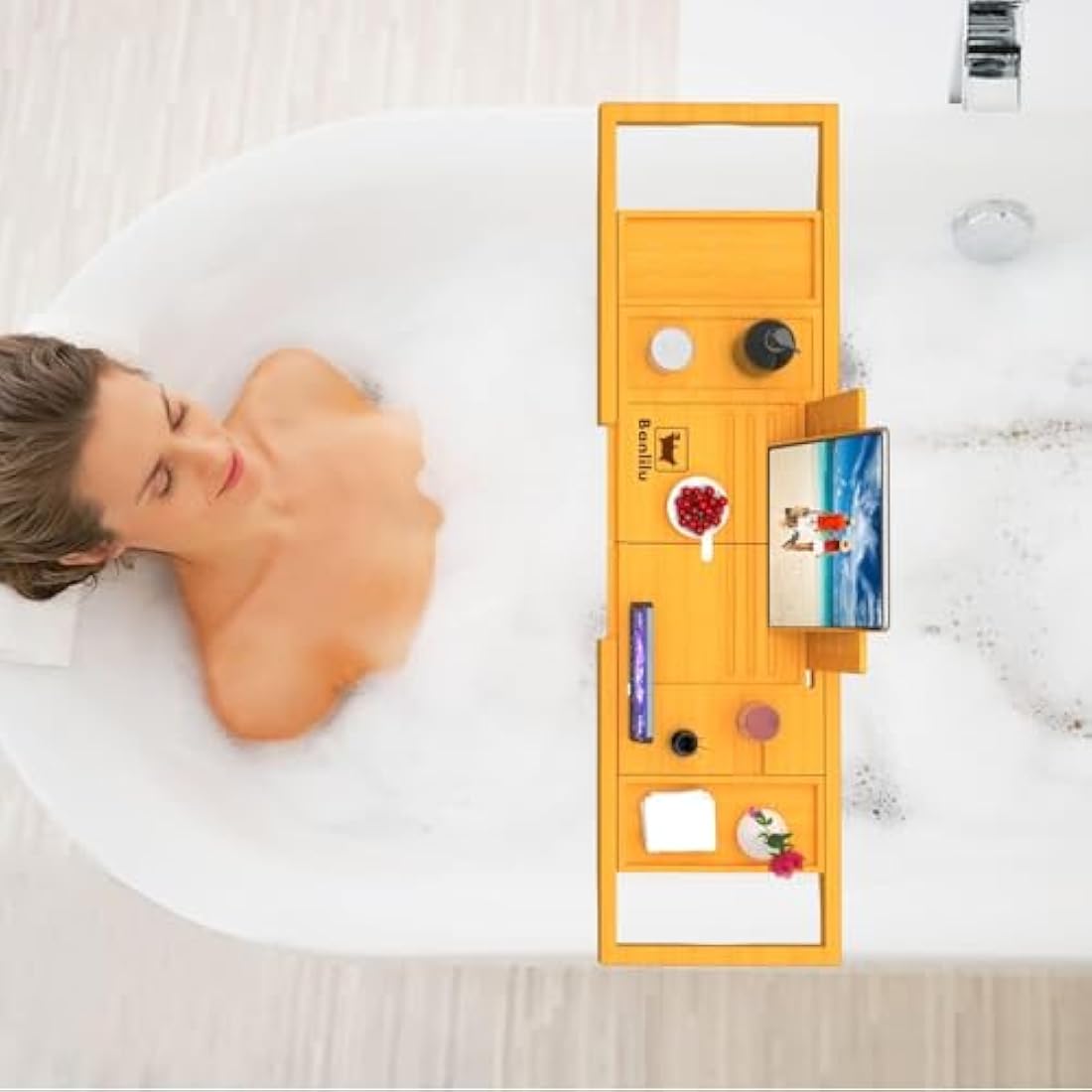 Premium Bamboo Bath Tray – Expandable Bath Caddy Tray- Adjustable Bathtub Tray Caddy,Fits Most Bathtub Sizes