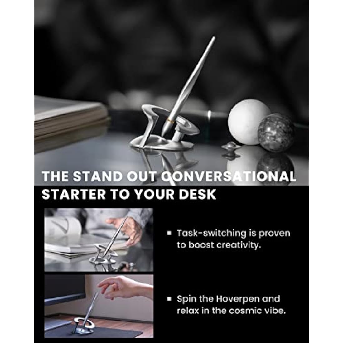 novium Hoverpen Interstellar Edition - Luxury Pen Made With Aerospace Alloys, Unique Aesthetic, Free Spinning Executive Pen, Desk Decor, Best Boss Gifts for Women (Starlight Silver, 18K-Gold)