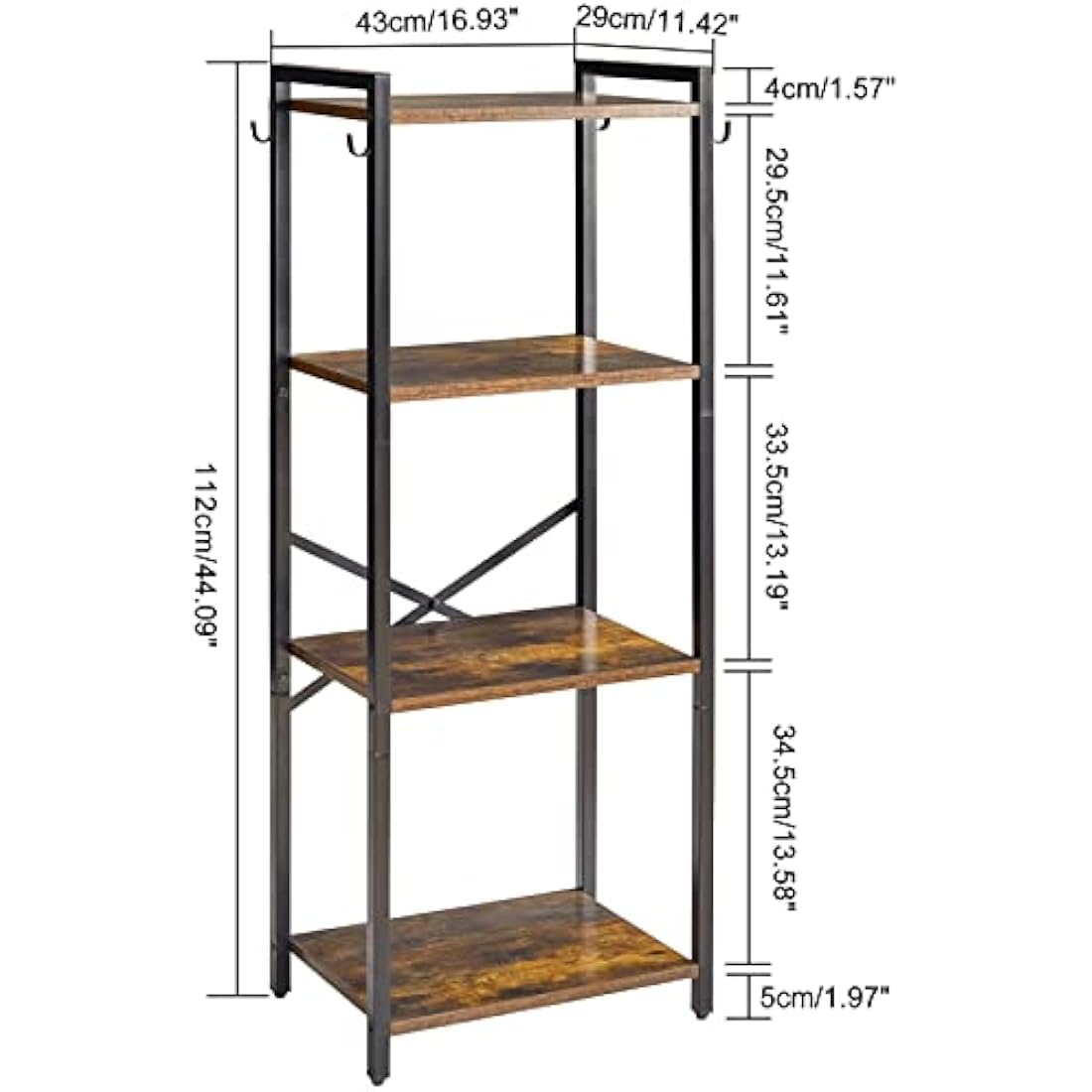 YMYNY Bookcase, 4 Tier Storage Rack, Plant Rack, Steel Frame, for Living Room, Office, Study, Hallway, Industrial Style, Rustic Brown and Black HBC004H