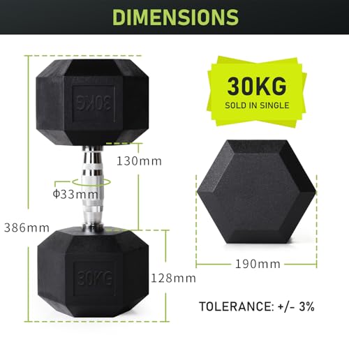 PhysKcal Hex Dumbbells 30kg Single, Odourless Poly Rubber Encased Dumbbells Set 2.5KG 5KG 7.5KG 10KG 12.5KG 15KG 20KG Home Gym Weights Set