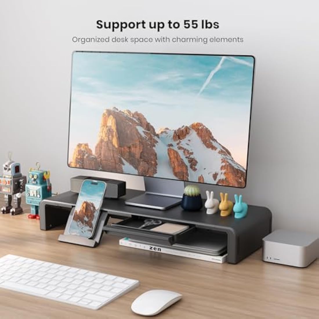 Foldable Monitor Stand - Klearlook Computer Monitor Riser with Storage Drawer&Tablet Phone Stand| Width Adjustable Monitor Stands for Desks| Desk Shelf Riser for Computer, Desktop, Laptop| Black