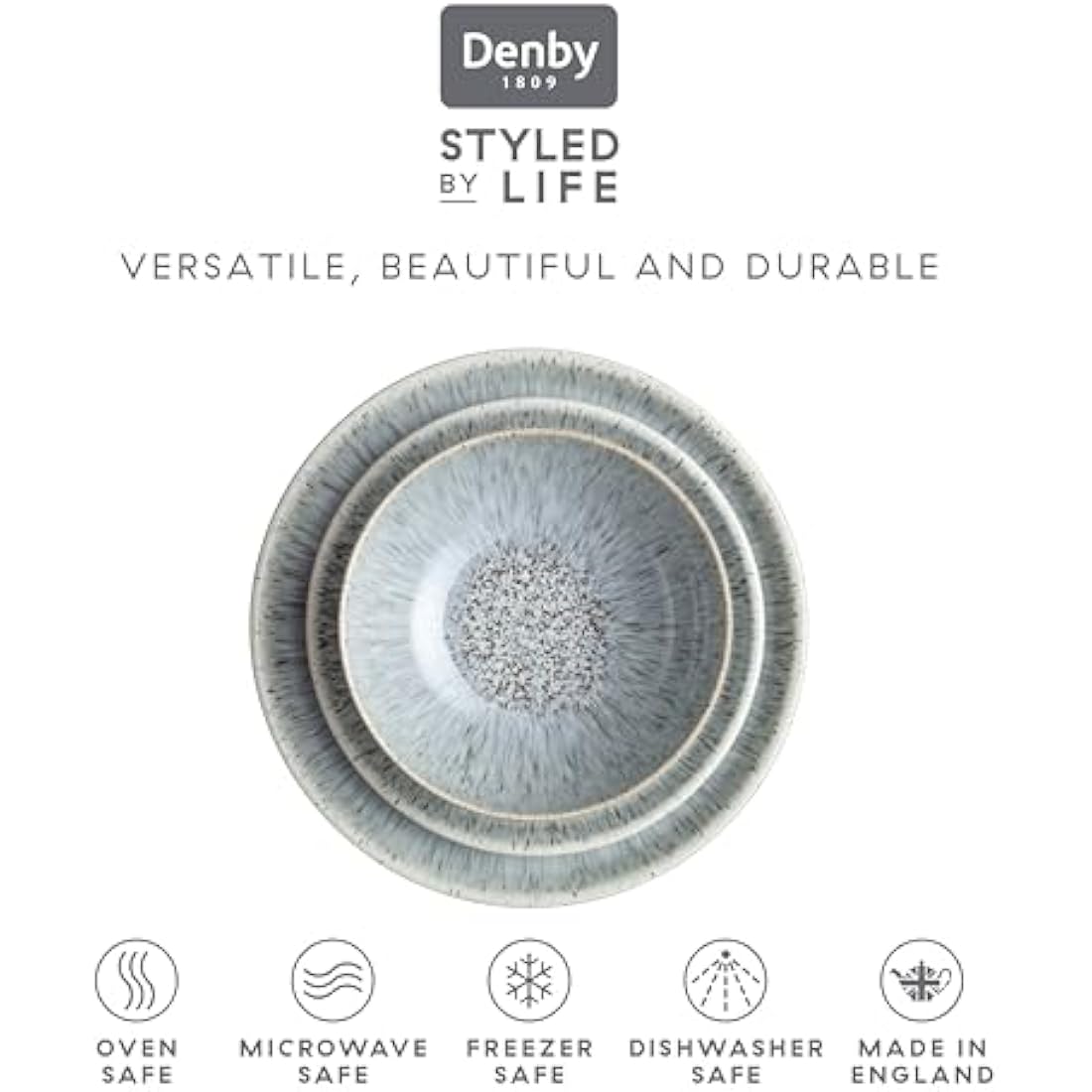 Denby - Halo Speckle Coupe Dinner Set For 4 - 12 Piece Ceramic Tableware - Dishwasher Microwave Safe Stoneware Crockery - Reactive Glaze, Grey - 4 x Dinner Plate, 4 x Medium Plate, 4 x Cereal Bowl