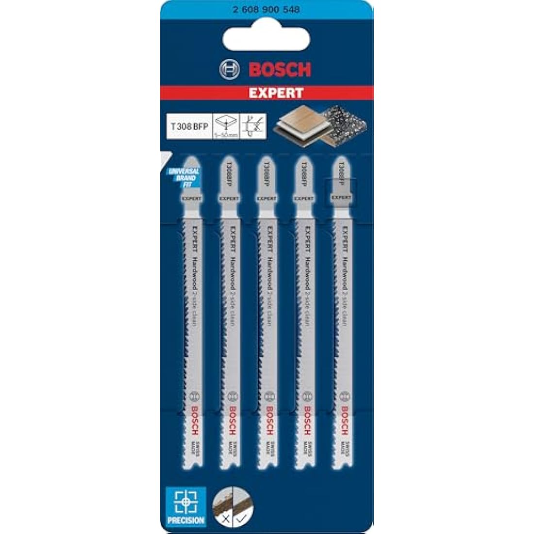 Bosch 5x EXPERT Hardwood 2-side clean T308BFP Jigsaw Blade (for Plastic coated boards, Kitchen countertop, Length 117 mm, Professional Accessory Jigsaw)