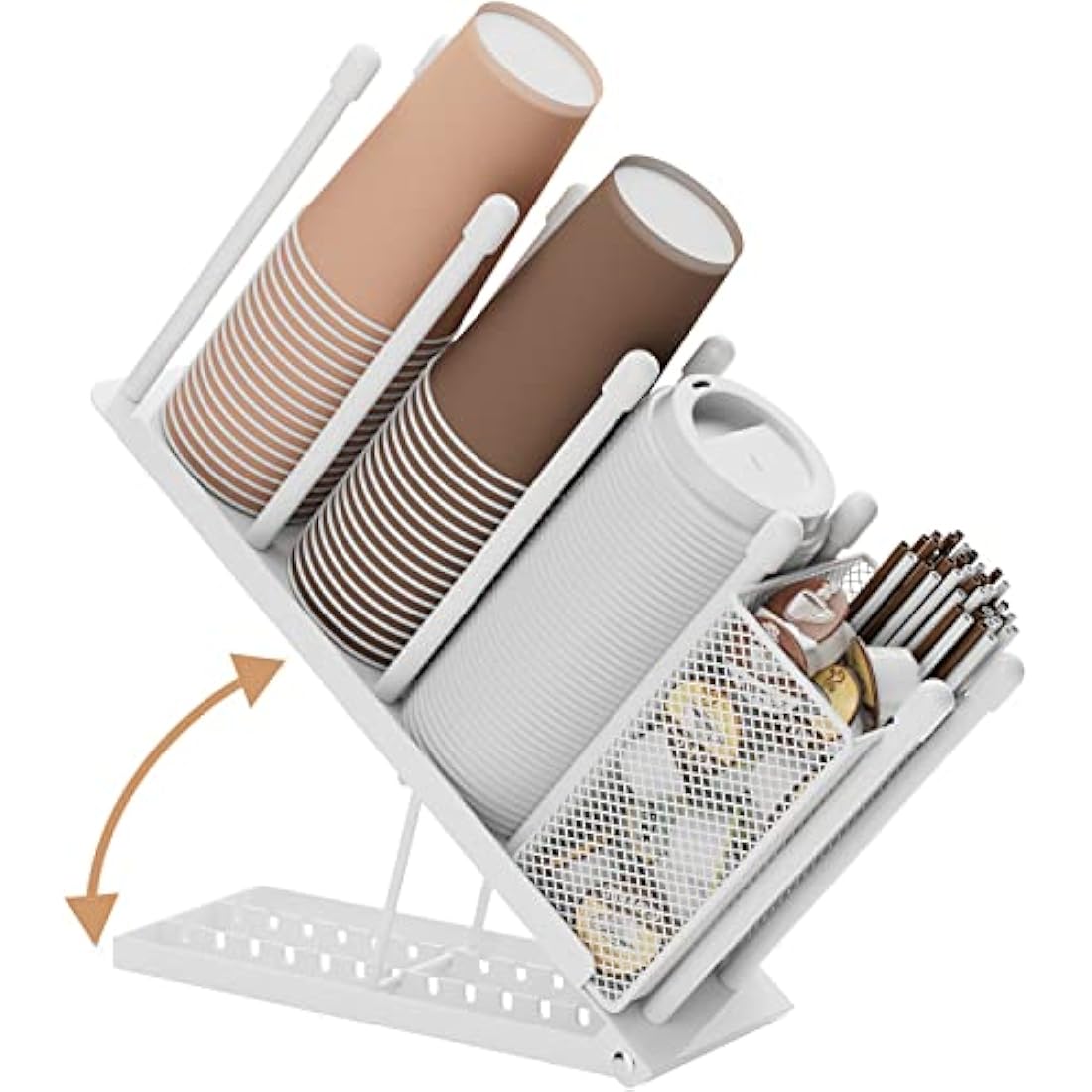 Ovicar Cup and Lid Holder - Adjustable 4 Compartment Disposable Cup Dispenser with Coffee Pod Straw Storage Basket for Bar Countertop Breakroom Metal White