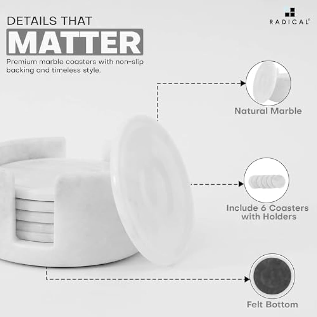 Radicaln Marble Coasters for Drinks - 3.5 Inch Set of 6 White Round Coasters with Holder - Perfect for Coffee Table & Home Office