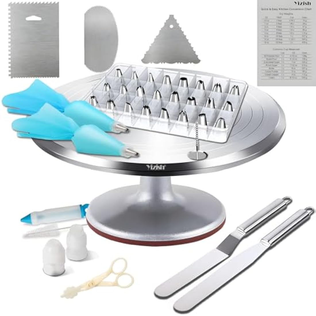 Yizish Cake Turntable Aluminum Alloy & Piping Bags and Nozzles Set, Rotating Cake Stand Decorating Kits with Stainless Steel Cake Spatulas and Scrapers for Baking, Pastries and Cupcakes (39pcs)