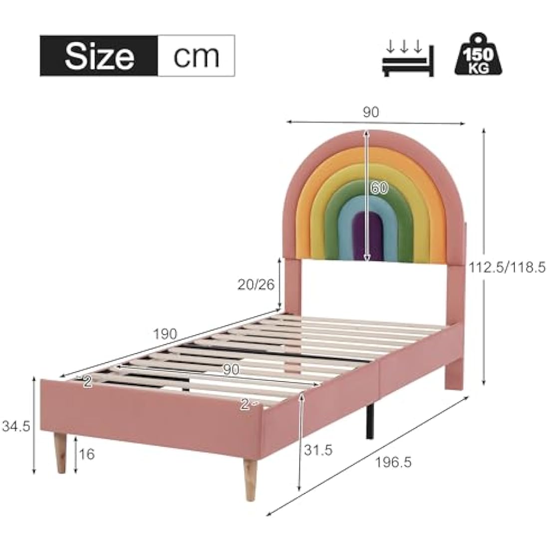 BTM Upholstered Bed 90 * 190cm, Velvet Single Bed Frame with Slatted Frame and Height-adjustable Headboard for Teenagers and Kids, Wooden Slat Support, No Mattress