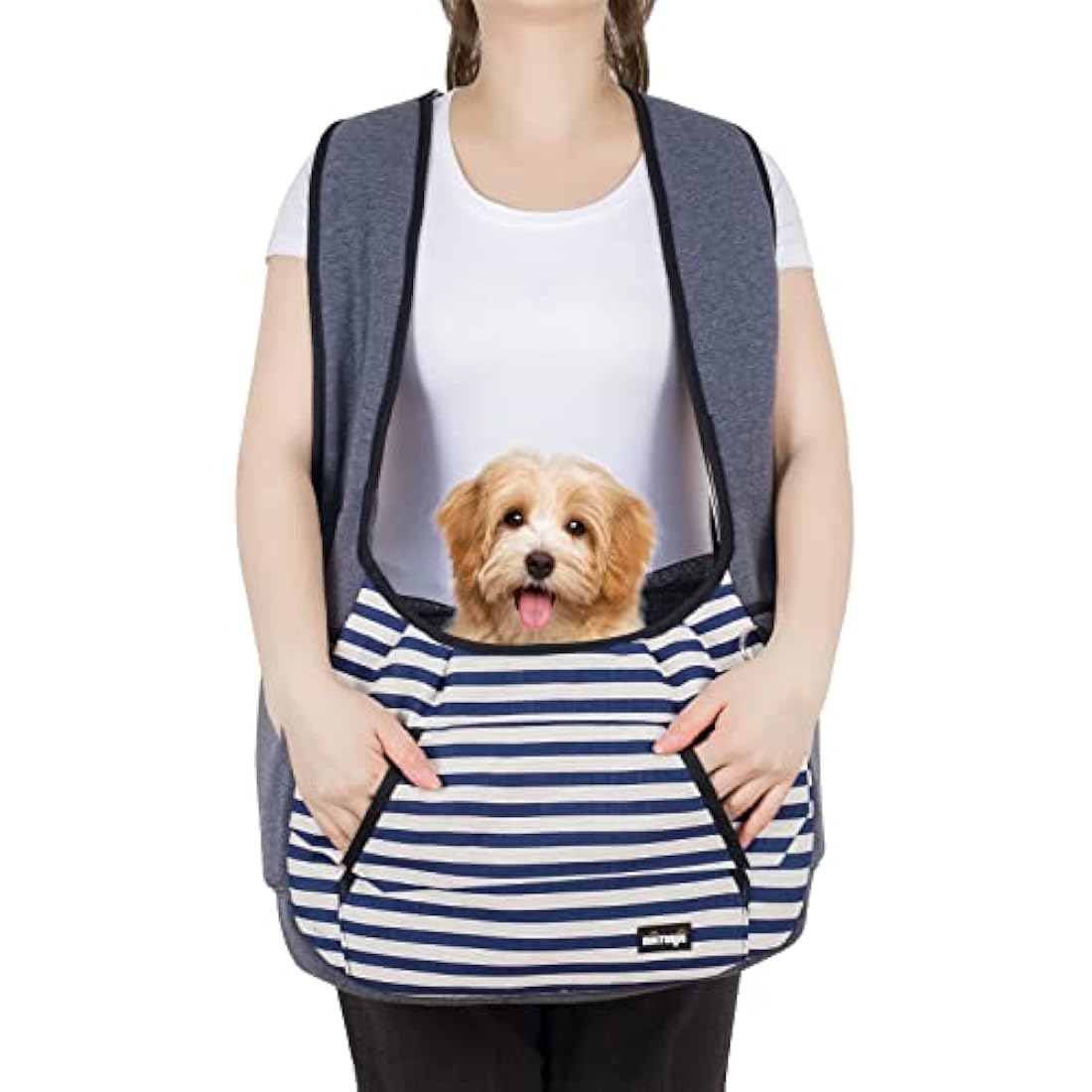 NATUYA Dog Sling Carrier Puppy Carrier, Adjustable Pet Front Sling Carrier Backpack Travel Bag, Bottom Pad, Pet Carrier for Small Dog Cat Puppy Traveling Hiking Camping (Blue Stripe, 3-7kg)
