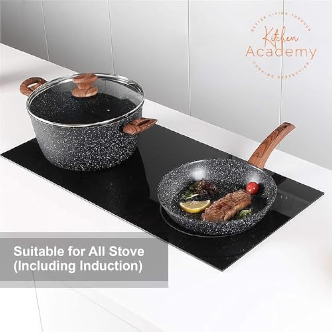 Kitchen Academy Induction Hob Pans Set - 12 Pieces Black Granite Kitchen Cookware Set，Pots and Pans Set Non Stick