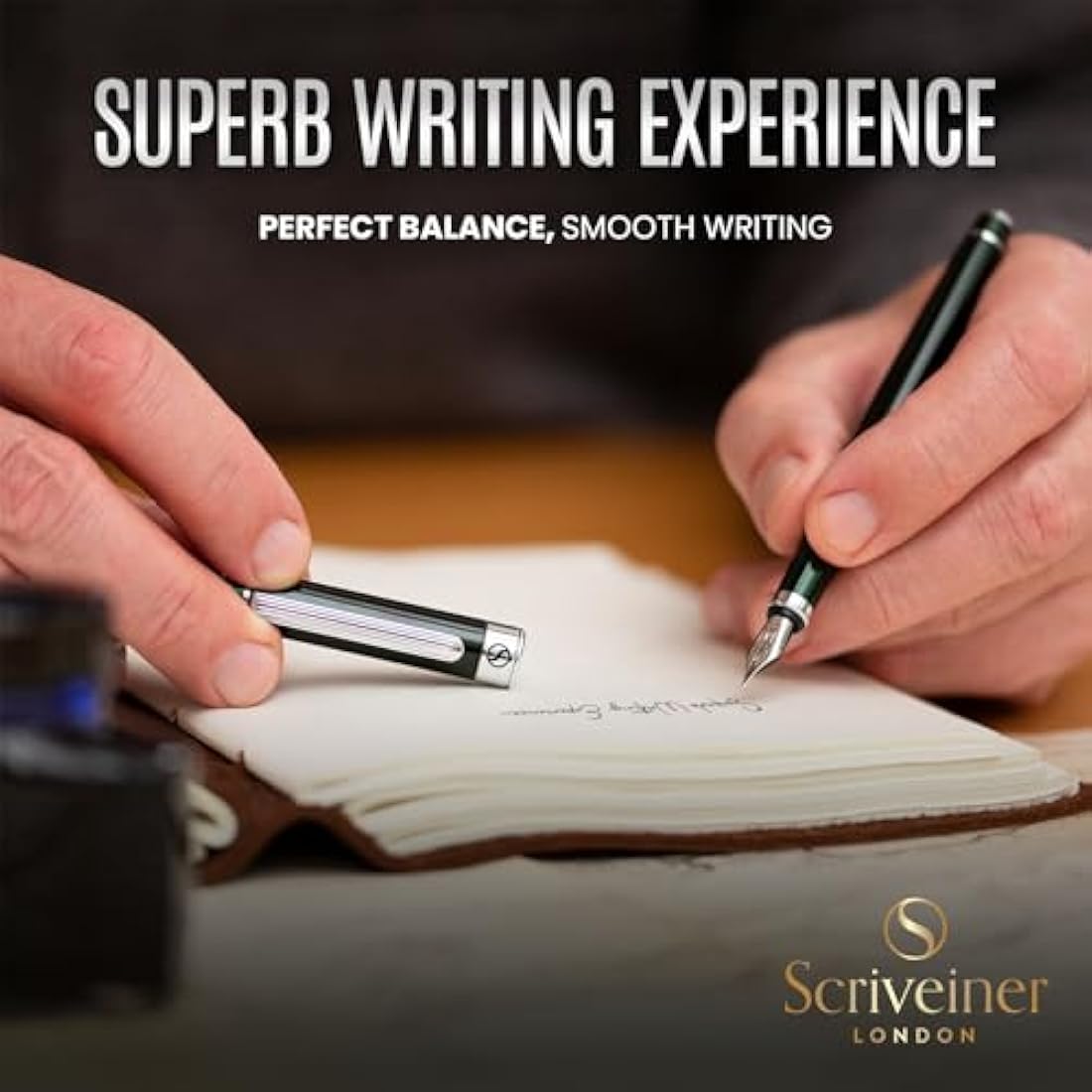 Scriveiner Fountain Pen - Very Dark British Racing Green, Stunning Luxury Pen, Chrome Finish, Schmidt Nib (Fine), Best Pen Gift Set for Men & Women, Professional, Executive, Office, Nice Pens
