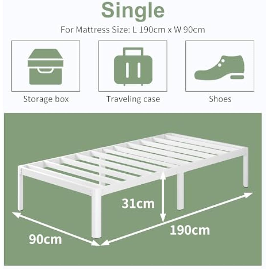 Lutown Teen 3ft Single Bed Frame with Rounded Corner Legs, Heavy Duty White Metal Bed Frame with Steel Slats Support, 30 cm High, Noise Free, Easy Assembly