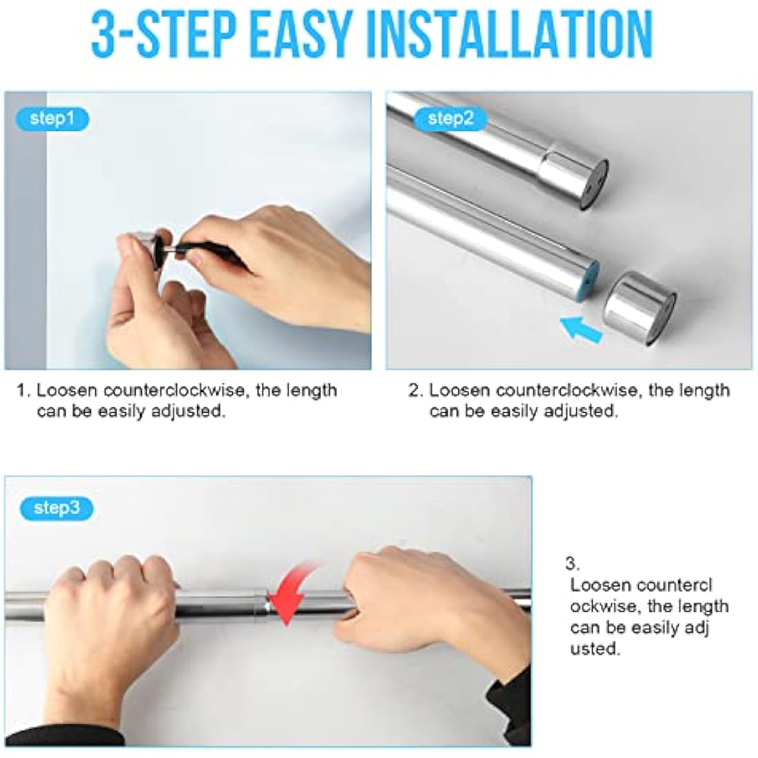 WAENLIR 112cm-210cm Extendable Stainless Steel Wardrobe Rail, Adjustable Clothes Rail Pole With End Sockets.
