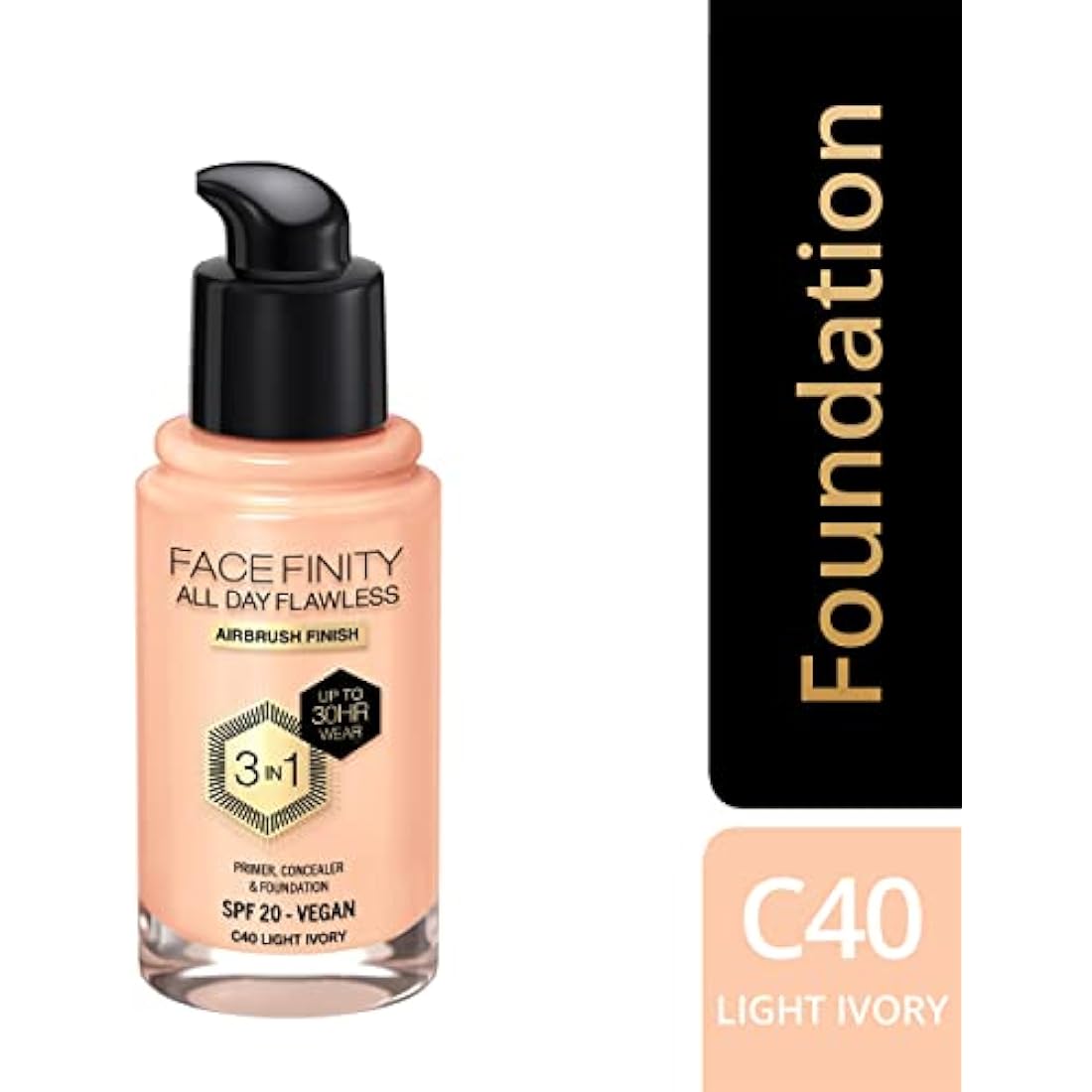 Max Factor Facefinity 3-in-1 All Day Flawless Liquid Foundation, SPF 20 - 40 Light Ivory, 30 ml