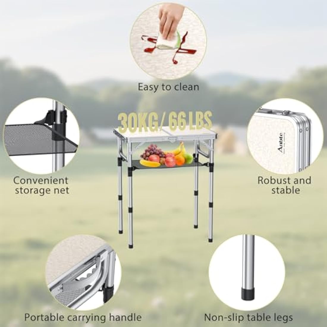 Anbte Folding Camping Table with Storage Net, 3 Adjustable Heights Aluminum Small Folding Table, Waterproof Lightweight Foldable Stored for Outdoor Indoor Picnic Beach Backyard, 60cm x 40cm, Silver