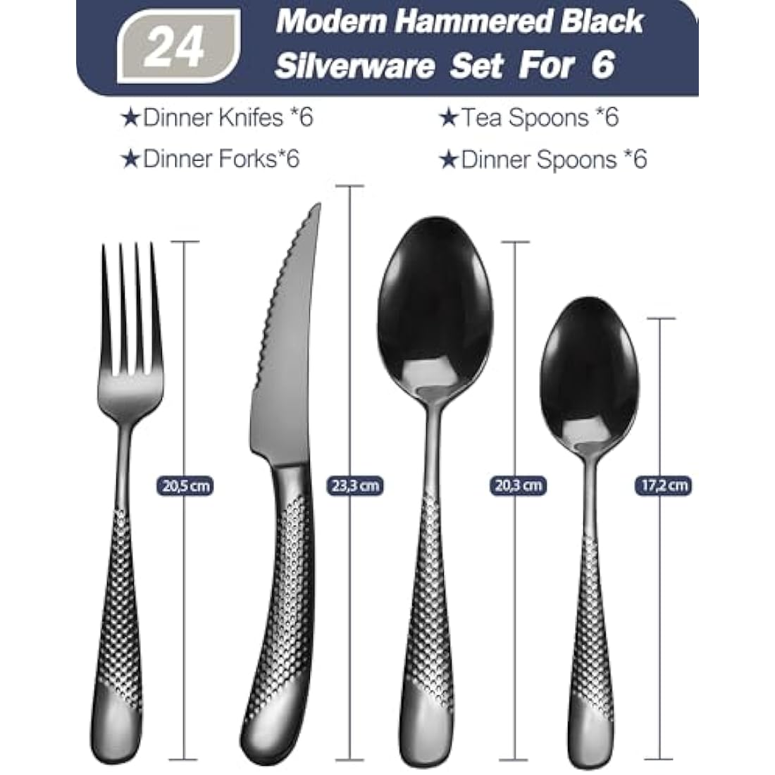 SHEUMNT 24 Pieces Modern Black Hammered Cutlery Set with Ultra Sharp 2-in-1 Serrated Knive, 18/10 Stainless Steel Silverware Set, Titanium Plated Flatware Set for 6 People, Knives Forks Spoons Set