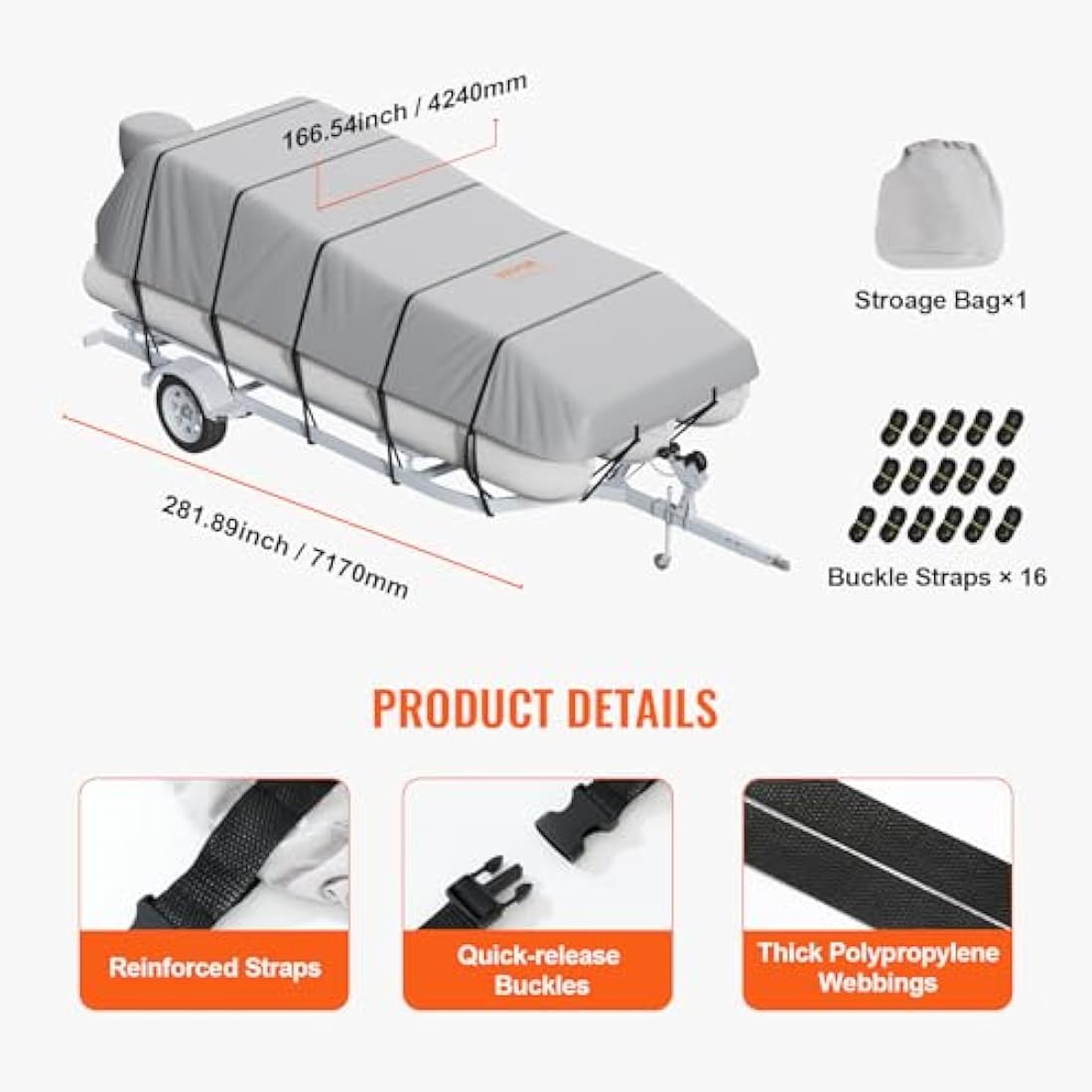 VEVOR Pontoon Boat Cover, 19'-20' Waterproof Trailerable Pontoon Cover, 800D Marine Grade PU Oxford Fabric, with Motor Cover, 16 Windproof Buckle Straps, Fits for 19'-20'L, Beam Width to 96", Grey