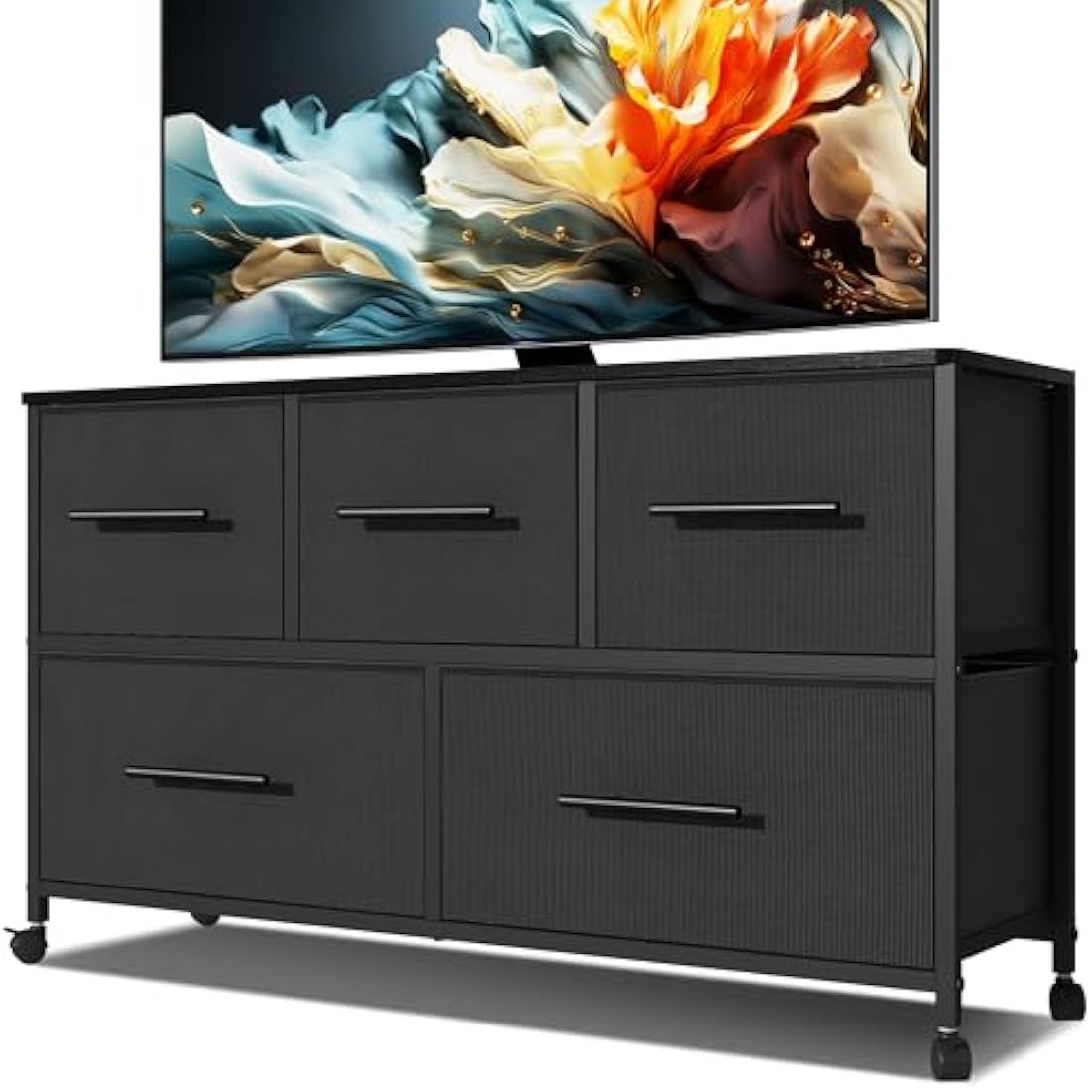 MYGIIVOVO Chest of Drawers, Dresser for Bedroom with 5 Fabric Drawers, TV Stand with 4 Castors, Storage Organizer Unit for Living Room Kids Room (Black)