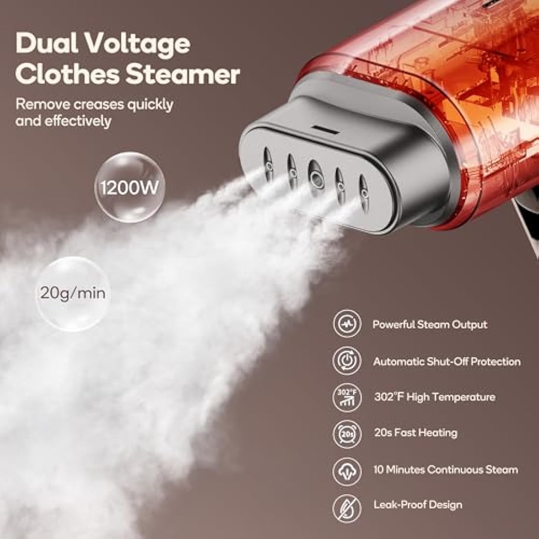 Newbealer Dual Voltage Travel Clothes Steamer - 220V/120V, 1200W Portable Garment Steamer with 180ml Detachable Water Tank, Horizontal & Vertical Steaming, Auto-Off, 20s Fast Heat Up, Brown