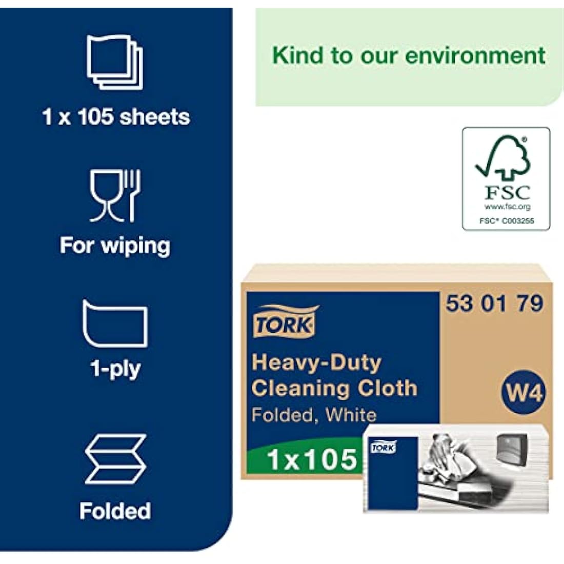 Tork Heavy-Duty Cleaning Cloth White W4, Multipurpose, 1 x 105 Cloths, 530179