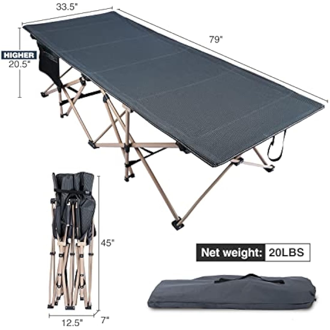 REDCAMP XXL Oversized Camp Bed for adults 500lbs, 33" Extra Wide Heavy Duty Sturdy Folding Camping Bed Portable, Stronge Thicker Tubes Sleeping Cot Outdoor Travel Office,Dark Gray