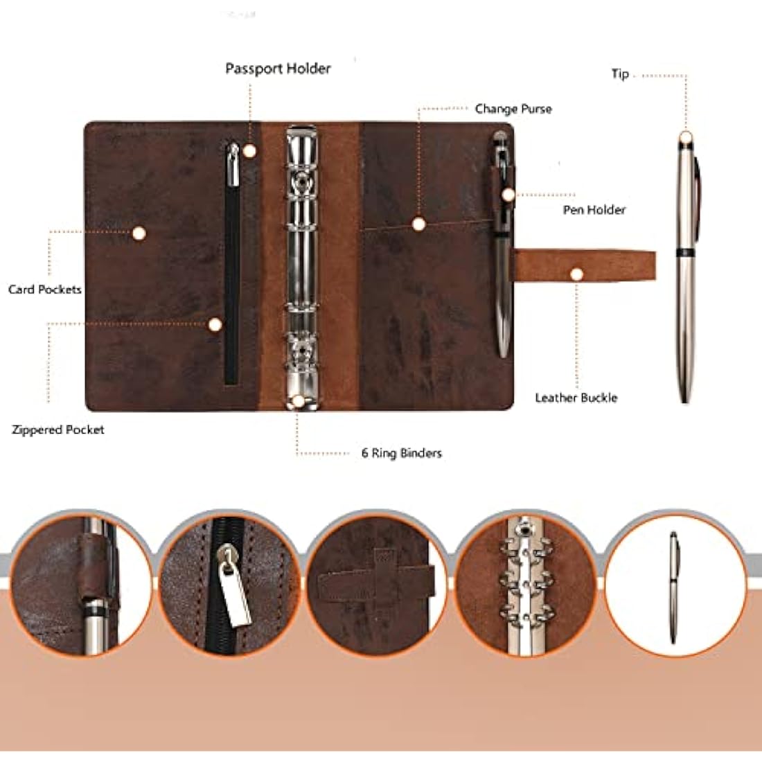Wonderpool Leather Diary 6 Ring Binder Folder Organiser with Dotted Paper Refillable Writing Notebook & Multi Pockets Cover for Business Study Travel (A6, Coffee)