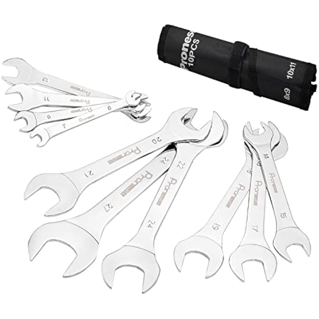 Pronese 10 Pack Super-Thin Open End Wrench Set,Carbon Steel with Mirror Polish,Metric,Including 6~27mm, Placed in A Rolling Pouch