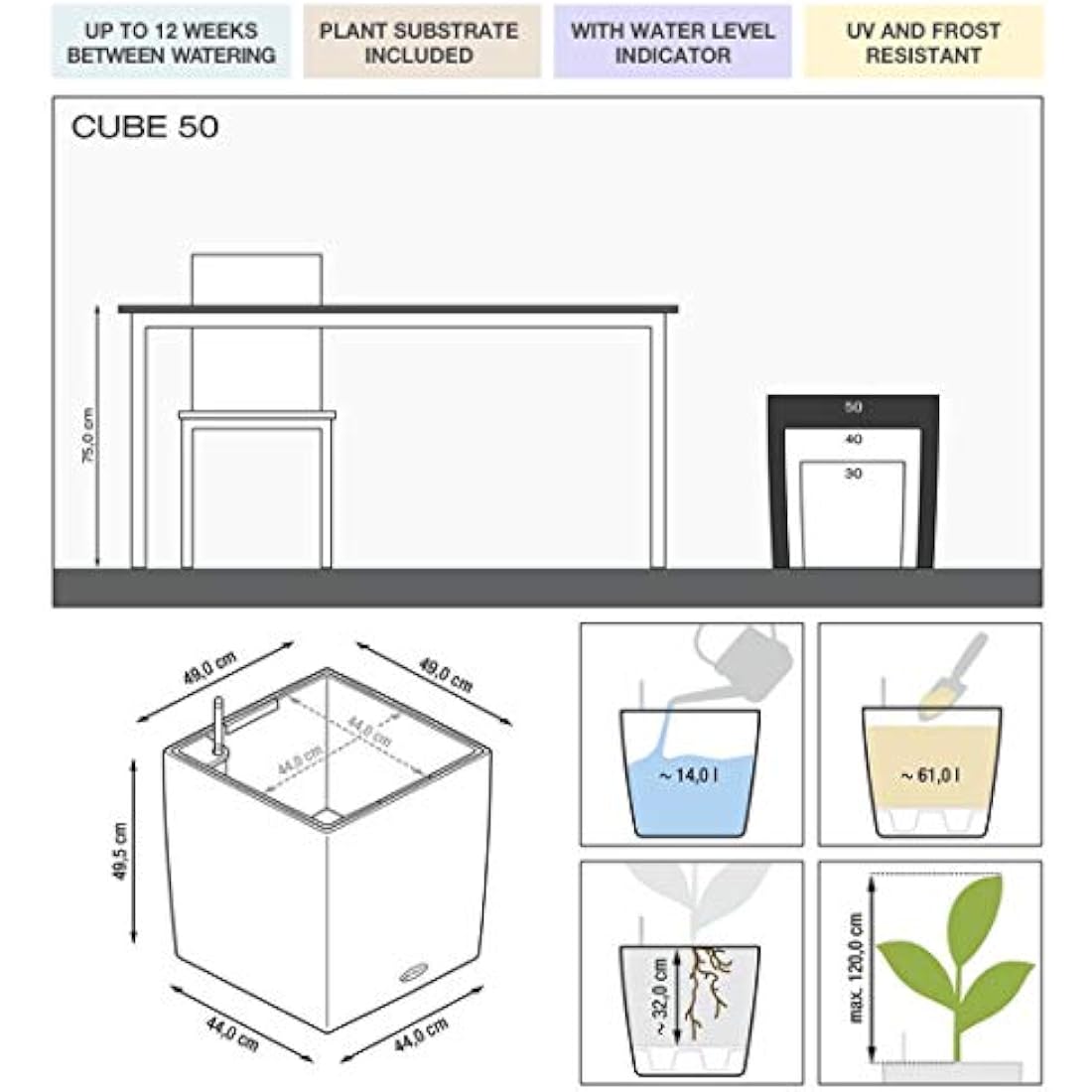 LECHUZA CUBE Premium 50 taupe high gloss 16565