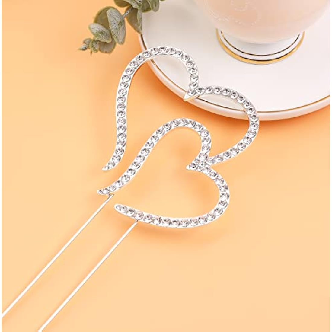 LOVENJOY Double Hearts One Love Wedding Cake Toppers Silver Diamante Heart Cake Decorations, Gift Boxed